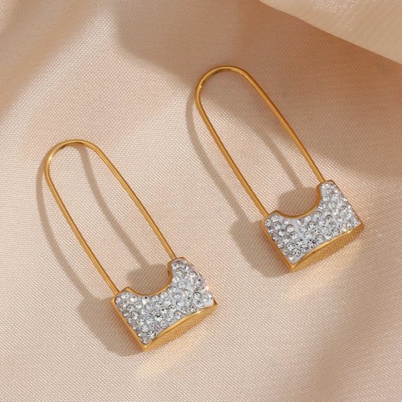 Boutique Jewelry - Safety Pin Lock White Zircon Dangle Earrings 18K Gold Plated Stainless